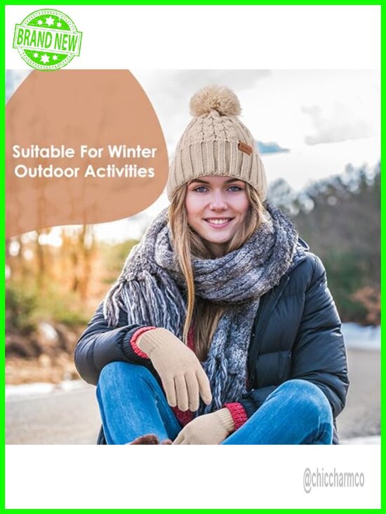 Winter Knit Beanie & Gloves Set with Touchscreen Fingertips, Fleece Lined